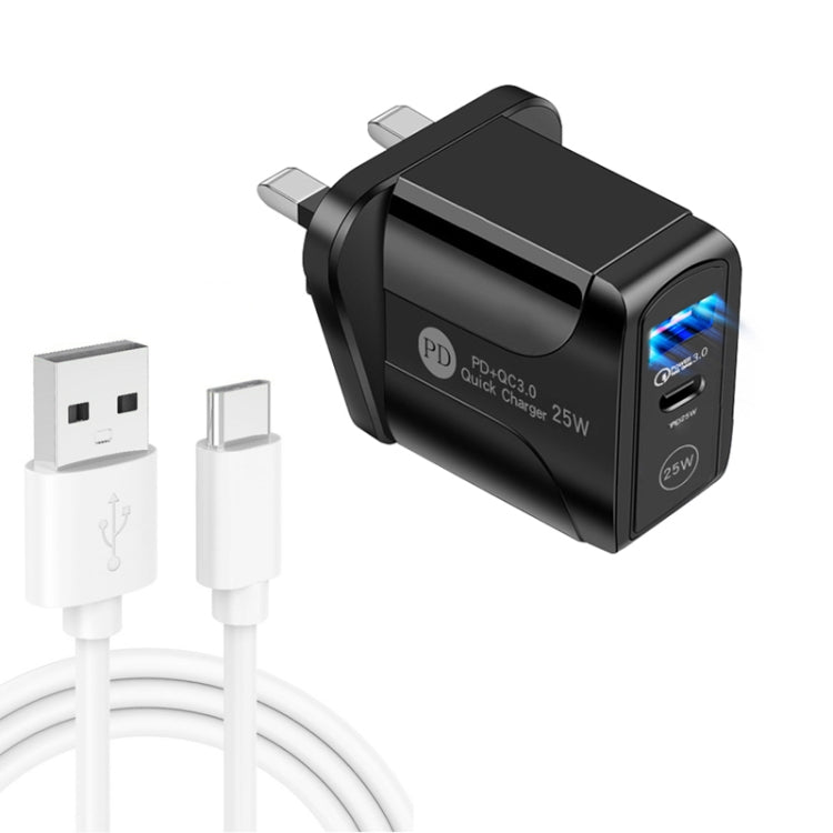 PD25W USB-C / Type-C + QC3.0 USB Dual-Port Schnellladegerät mit USB-zu-Type-C Datenkabel, UK-Stecker, UK-Stecker + USB-zu-Type-C Kabel