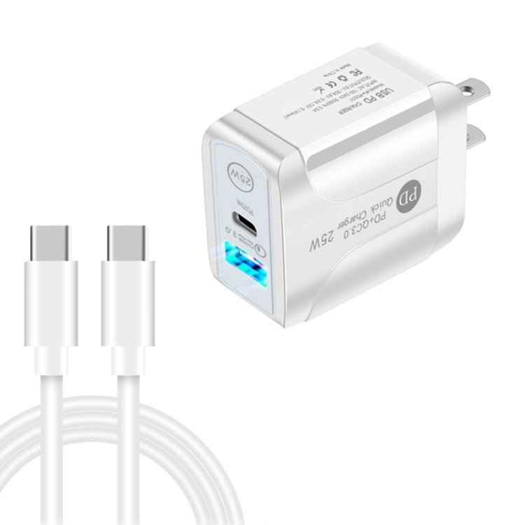 PD25W USB-C / Typ-C + QC3.0 USB Dual-Port Schnellladegerät mit USB-C zu USB-C Datenkabel, US-Stecker, US-Stecker + USB-C zu USB-C Kabel