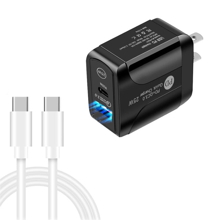 PD25W USB-C / Typ-C + QC3.0 USB Dual-Port Schnellladegerät mit USB-C zu USB-C Datenkabel, US-Stecker, US-Stecker + USB-C zu USB-C Kabel