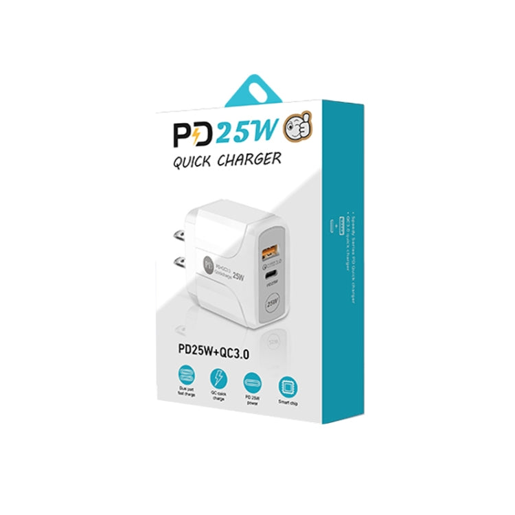 PD25W USB-C / Typ-C + QC3.0 USB Dual-Port Schnellladegerät mit USB-C zu USB-C Datenkabel, US-Stecker, US-Stecker + USB-C zu USB-C Kabel