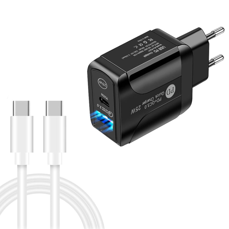 PD25W USB-C / Typ-C + QC3.0 USB Dual-Port Schnellladegerät mit USB-C auf USB-C Datenkabel, EU Stecker, EU Stecker + USB-C auf USB-C Kabel