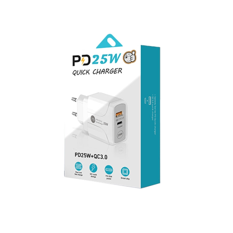 PD25W USB-C / Type-C + QC3.0 USB Dual Ports Fast Charger with USB-C to USB-C Data Cable, EU Plug, EU Plug + USB-C to USB-C Cable