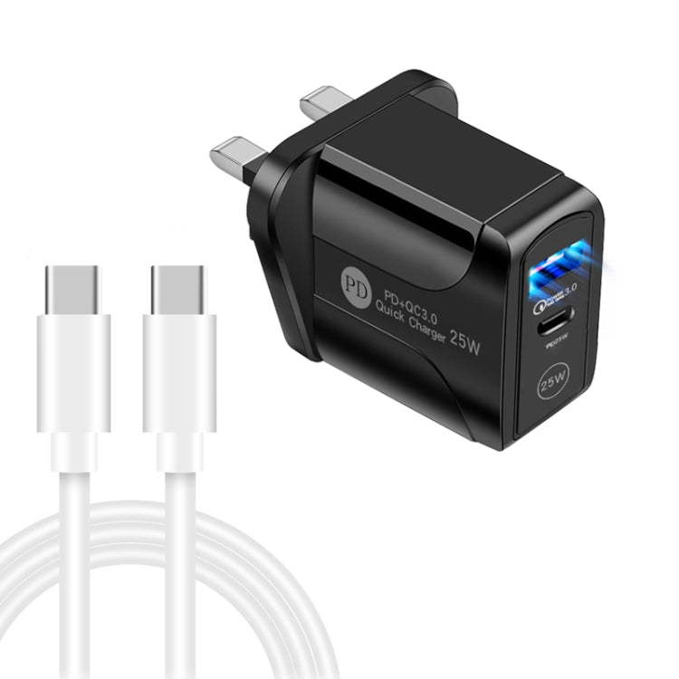 PD25W USB-C / Type-C + QC3.0 USB Dual Port Schnellladegerät mit USB-C zu USB-C Datenkabel, UK Stecker, UK Stecker + USB-C zu USB-C Kabel