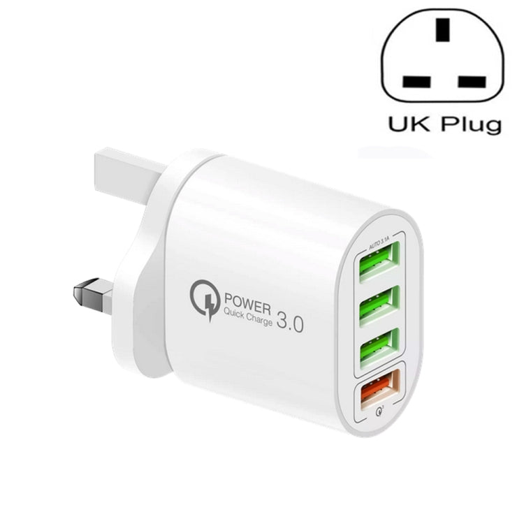 QC-04 QC3.0 + 3 x USB 2.0 Multi-Port-Ladegerät für Mobiltelefone und Tablets, UK-Stecker, UK-Stecker