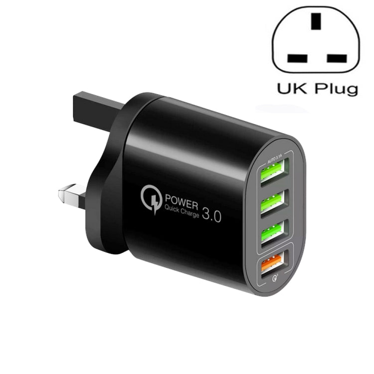 QC-04 QC3.0 + 3 x USB 2.0 Multi-Port-Ladegerät für Mobiltelefone und Tablets, UK-Stecker, UK-Stecker