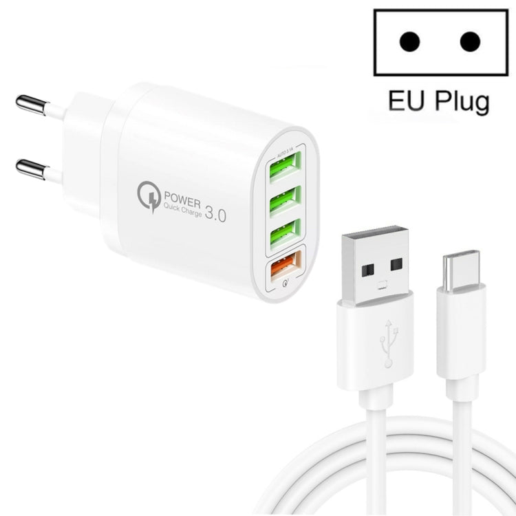 QC-04 QC3.0 + 3 x USB2.0 Multi-Port-Ladegerät mit 3A USB zu Typ-C Datenkabel, EU Stecker, EU Stecker + Typ-C Kabel