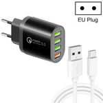 QC-04 QC3.0 + 3 x USB2.0 Multi-Port-Ladegerät mit 3A USB zu Typ-C Datenkabel, EU Stecker, EU Stecker + Typ-C Kabel