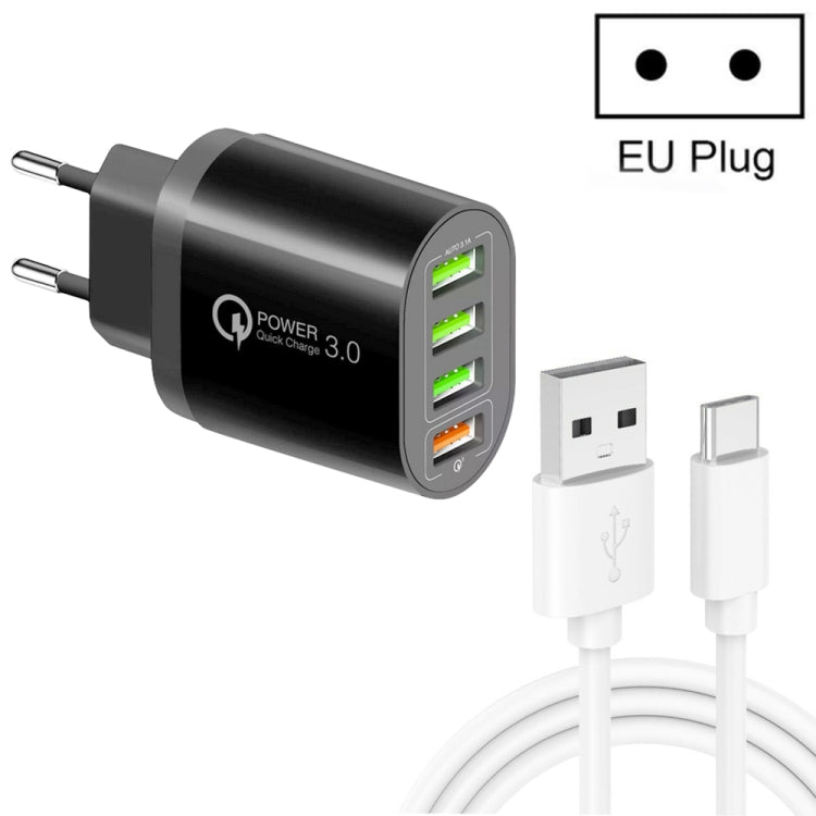 QC-04 QC3.0 + 3 x USB2.0 Multi-Port-Ladegerät mit 3A USB zu Typ-C Datenkabel, EU Stecker, EU Stecker + Typ-C Kabel