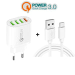 QC-04 QC3.0 + 3 x USB2.0 Multi-Port-Ladegerät mit 3A USB zu Typ-C Datenkabel, EU Stecker, EU Stecker + Typ-C Kabel