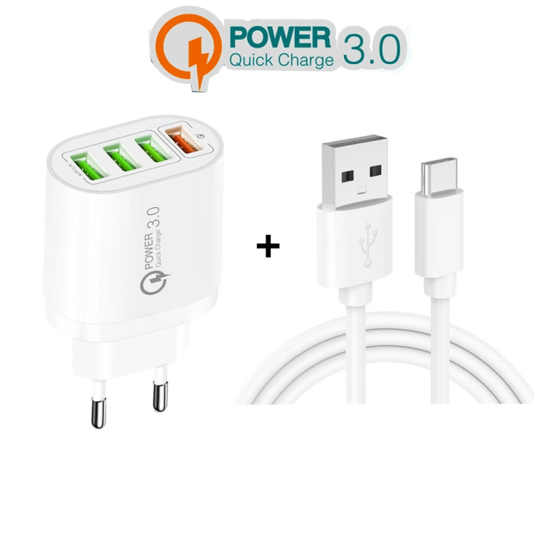 QC-04 QC3.0 + 3 x USB2.0 Multi-Port-Ladegerät mit 3A USB zu Typ-C Datenkabel, EU Stecker, EU Stecker + Typ-C Kabel