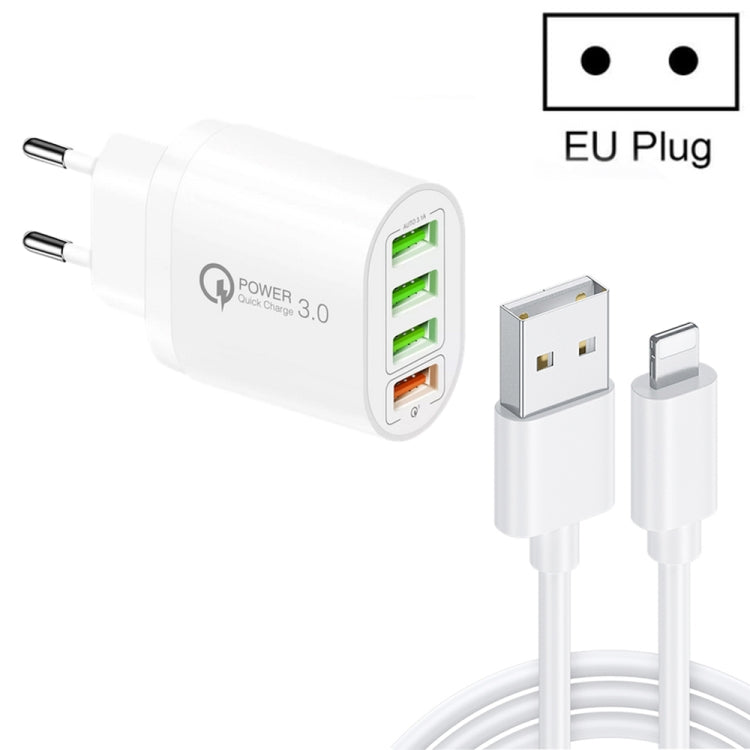 QC-04 QC3.0 + 3 x USB2.0 Multi-Port Ladegerät mit 3A USB auf 8-Pin Datenkabel, EU Stecker, EU Stecker + 8-Pin Kabel