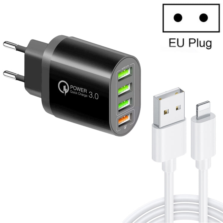 QC-04 QC3.0 + 3 x USB2.0 Multi-Port Ladegerät mit 3A USB auf 8-Pin Datenkabel, EU Stecker, EU Stecker + 8-Pin Kabel