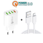 QC-04 QC3.0 + 3 x USB2.0 Multi-Port Ladegerät mit 3A USB auf 8-Pin Datenkabel, EU Stecker, EU Stecker + 8-Pin Kabel