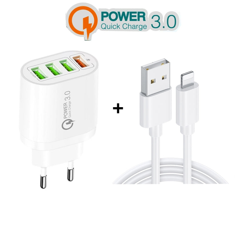 QC-04 QC3.0 + 3 x USB2.0 Multi-Port Ladegerät mit 3A USB auf 8-Pin Datenkabel, EU Stecker, EU Stecker + 8-Pin Kabel