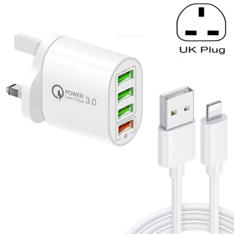 QC-04 QC3.0 + 3 x USB2.0 Multi-Port-Ladegerät mit 3A USB zu 8 Pin Datenkabel, UK Stecker, UK Stecker + 8 Pin Kabel