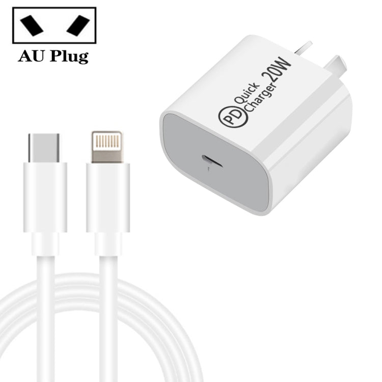 AU-20W PD USB-C / Type-C Reiseladegerät mit USB-C auf 8 Pin Datenkabel, AU Stecker, AU Stecker + 1m 8 Pin PD Kabel, AU Stecker + 2m 8 Pin PD Kabel