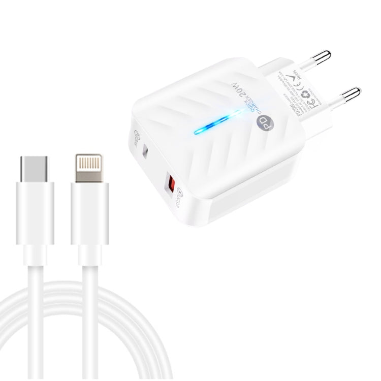 PD03 20W PD3.0 + QC3.0 USB-Ladegerät mit Typ-C auf 8-Pin Datenkabel, EU Stecker, EU Stecker + Typ-C auf 8-Pin Kabel
