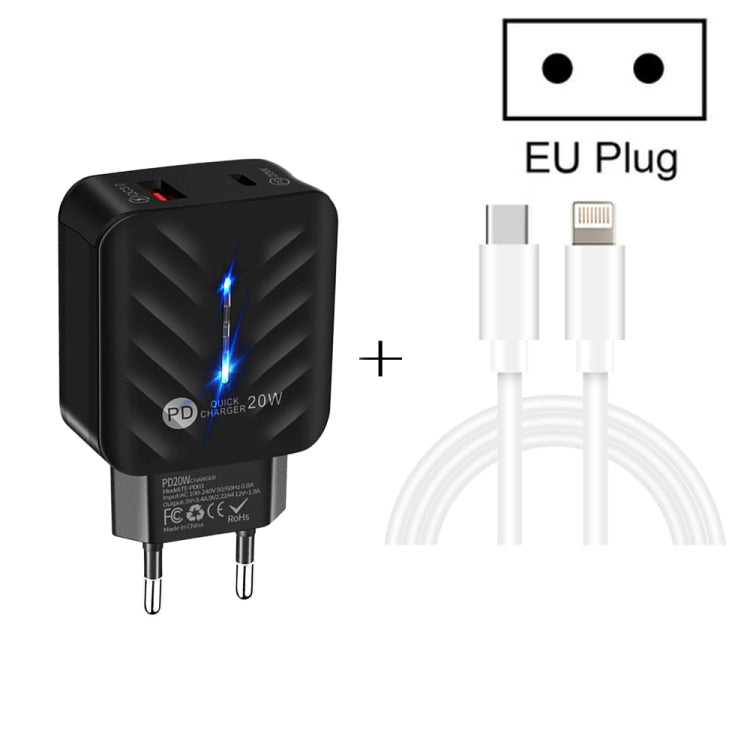 PD03 20W PD3.0 + QC3.0 USB-Ladegerät mit Typ-C auf 8-Pin Datenkabel, EU Stecker, EU Stecker + Typ-C auf 8-Pin Kabel
