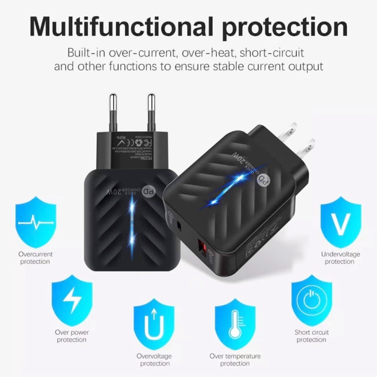 PD03 20W PD3.0 + QC3.0 USB-Ladegerät mit Typ-C auf 8-Pin Datenkabel, EU Stecker, EU Stecker + Typ-C auf 8-Pin Kabel