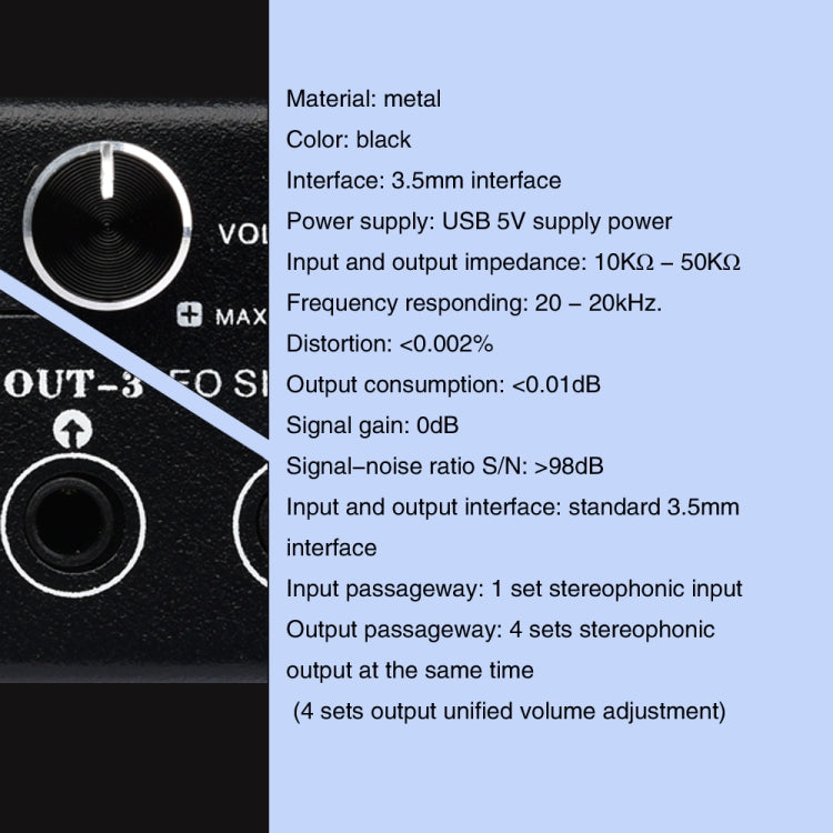 1-in-4-Out-Audiofrequenz-Signalsplitter, Verteilergerät, passiv, 3,5-mm-Schnittstellenausgang, 1-in-4-Out-3,5-mm-Schnittstelle