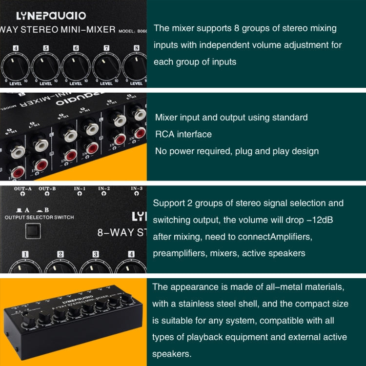 B066 Mini Stereo 8 Kanal Cinch Non-Source Sound Passivmixer, keine Stromversorgung, 8 Kanal Cinch