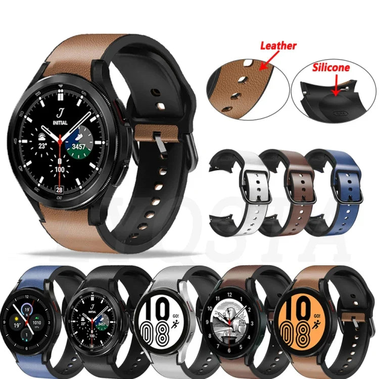 20 mm Silikonarmband mit Lederapplikationen, passend für Samsung Galaxy Watch 4 (40 mm), Samsung Galaxy Watch 4 (44 mm), Samsung Galaxy Watch 4 Classic (42 mm) und Samsung Galaxy Watch 4 Classic (46 mm).
