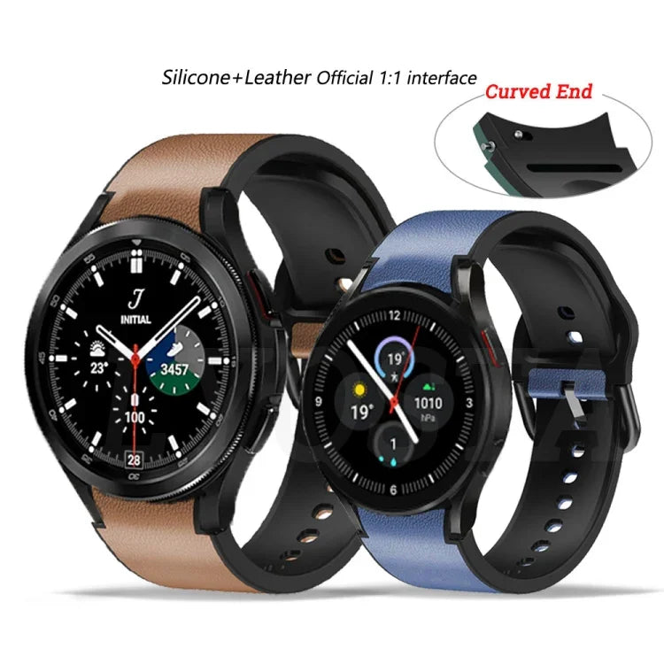 20 mm Silikonarmband mit Lederapplikationen, passend für Samsung Galaxy Watch 4 (40 mm), Samsung Galaxy Watch 4 (44 mm), Samsung Galaxy Watch 4 Classic (42 mm) und Samsung Galaxy Watch 4 Classic (46 mm).