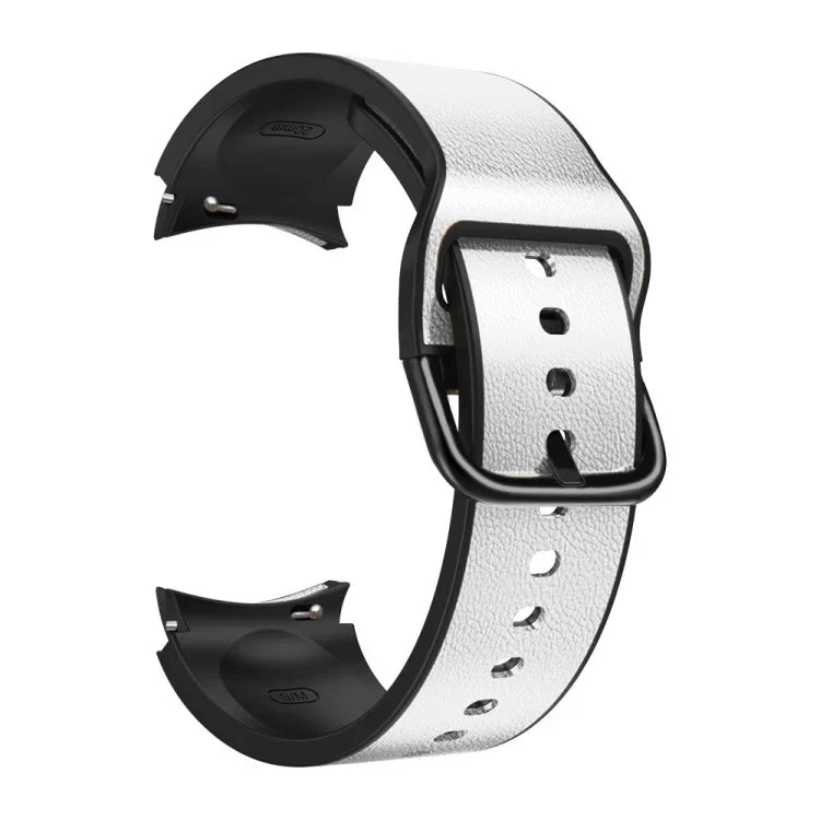 20 mm Silikonarmband mit Lederapplikationen, passend für Samsung Galaxy Watch 4 (40 mm), Samsung Galaxy Watch 4 (44 mm), Samsung Galaxy Watch 4 Classic (42 mm) und Samsung Galaxy Watch 4 Classic (46 mm).