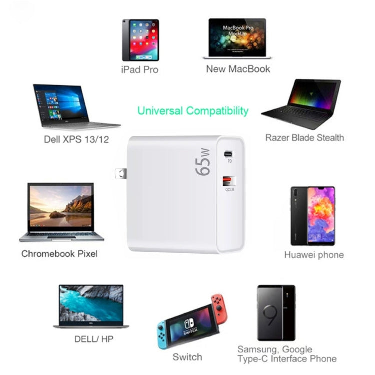PD-65W USB-C / Type-C + QC3.0 USB Laptop-Ladeadapter, UK-Stecker / US-Stecker, UK-Stecker / US-Stecker