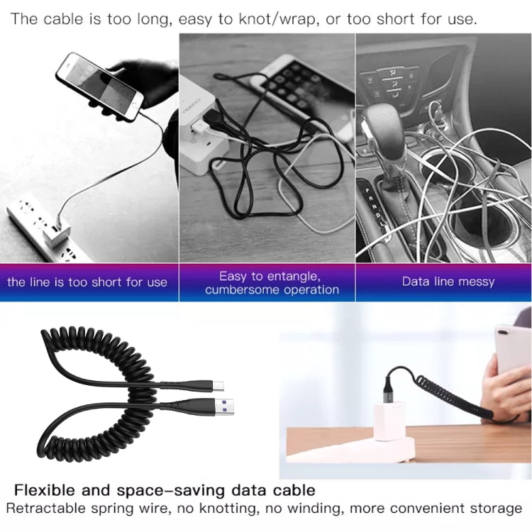 1,5m Feder Teleskopisches Handy Schnelllade-Datenkabel, USB zu 8-Pin, USB zu Type-C, USB zu Micro USB