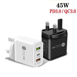 45W PD3.0 + 2 x QC3.0 USB Multi Port Quick Charger, UK-Stecker, UK-Stecker