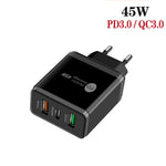 45W PD3.0 + 2 x QC3.0 USB Multi-Port-Ladegerät mit Typ-C auf 8-Pin-Kabel, EU-Stecker, EU-Stecker + Typ-C auf 8-Pin-Kabel