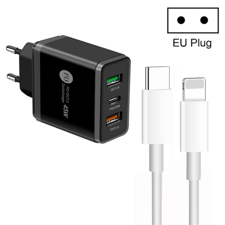 45W PD3.0 + 2 x QC3.0 USB Multi-Port-Ladegerät mit Typ-C auf 8-Pin-Kabel, EU-Stecker, EU-Stecker + Typ-C auf 8-Pin-Kabel