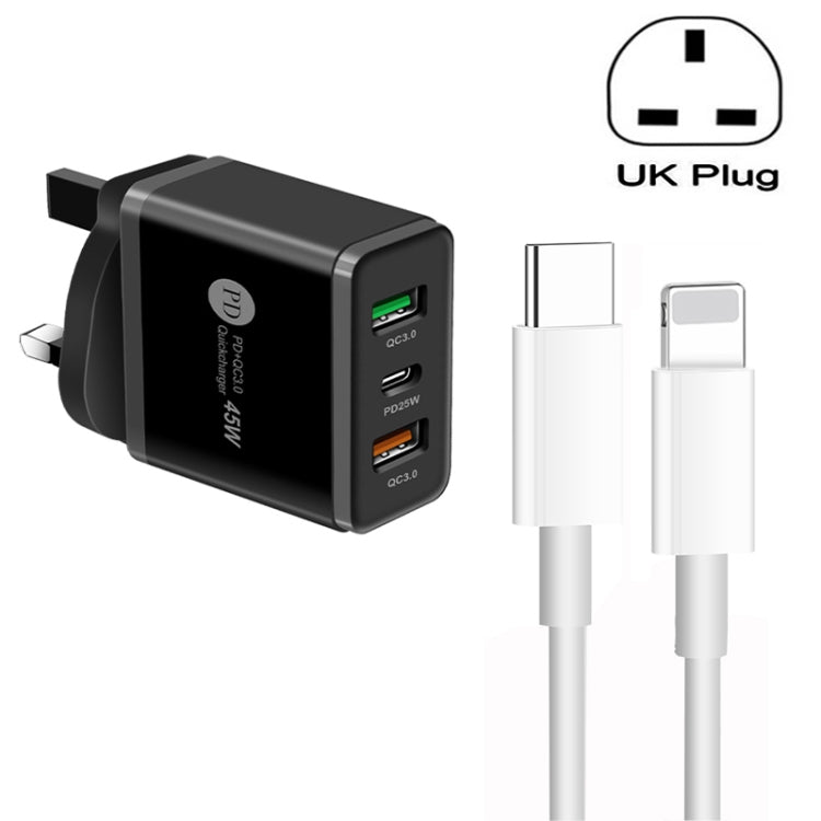 45W PD3.0 + 2 x QC3.0 USB Multiport-Ladegerät mit Typ-C auf 8-Pin Kabel, UK-Stecker, UK-Stecker + Typ-C auf 8-Pin Kabel