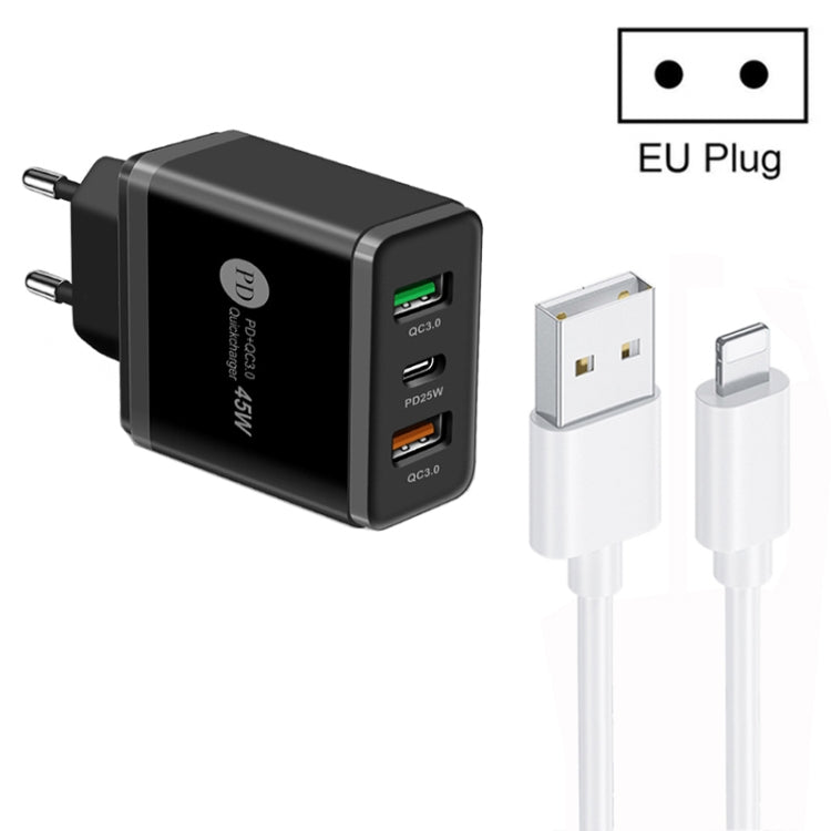 45W PD25W + 2 x QC3.0 USB Multi-Port Ladegerät mit USB zu 8 Pin Kabel, EU Stecker, EU Stecker + USB zu 8 Pin Kabel