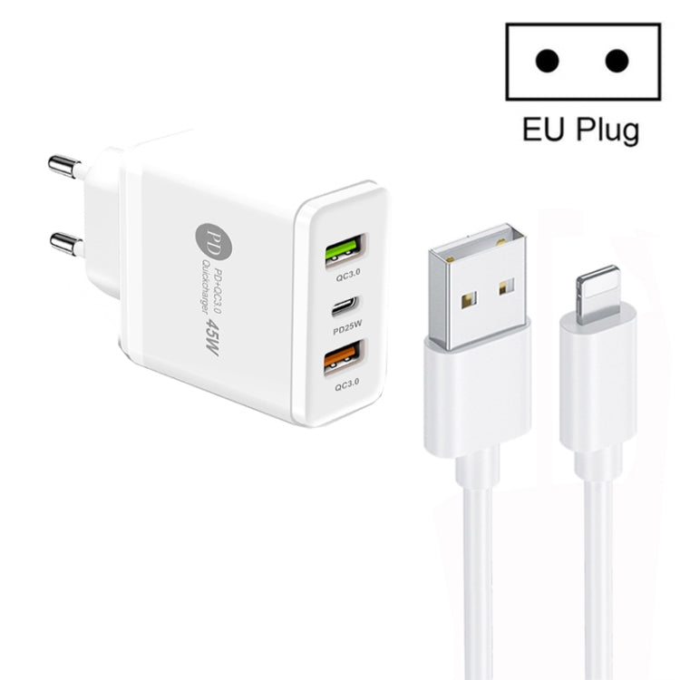 45W PD25W + 2 x QC3.0 USB Multi-Port Ladegerät mit USB zu 8 Pin Kabel, EU Stecker, EU Stecker + USB zu 8 Pin Kabel