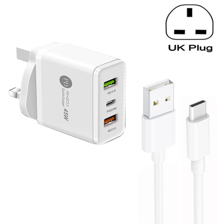 45W PD25W + 2 x QC3.0 USB Multi-Port-Ladegerät mit USB-zu-Typ-C-Kabel, UK-Stecker, UK-Stecker + USB-zu-Typ-C-Kabel
