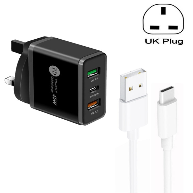 45W PD25W + 2 x QC3.0 USB Multi-Port-Ladegerät mit USB-zu-Typ-C-Kabel, UK-Stecker, UK-Stecker + USB-zu-Typ-C-Kabel