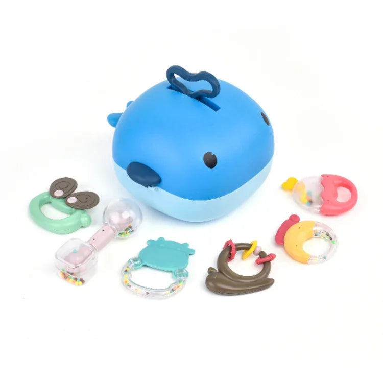 MoFun 2029A 2-in-1 Babyrassel & Beißring, 6-teiliges Set mit Wal-Aufbewahrungsbox, 2029A