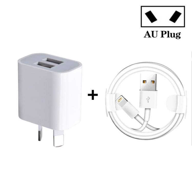 Mini Dual Port USB Ladegerät mit USB zu 8-Pin Datenkabel, AU Stecker, AU Stecker + 8-Pin Kabel