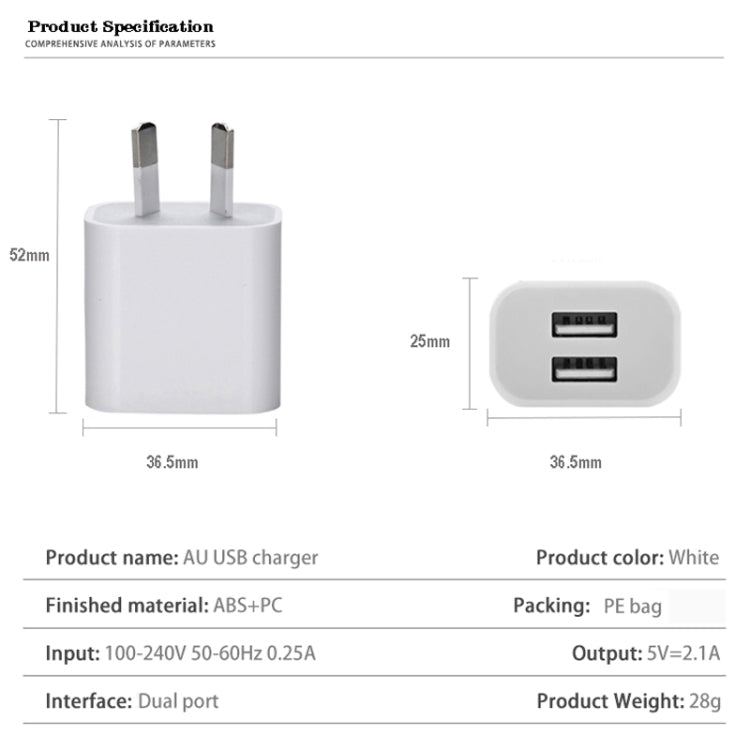 Mini Dual Port USB Ladegerät mit USB zu 8-Pin Datenkabel, AU Stecker, AU Stecker + 8-Pin Kabel