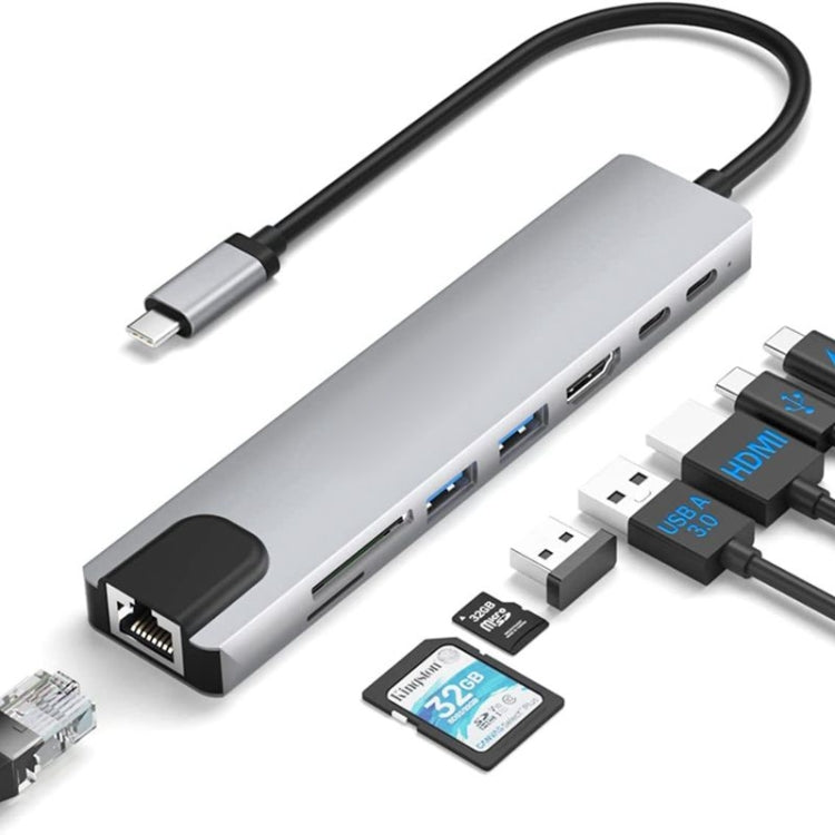 DS-20808 8-in-1 USB-C / Typ-C Hub Multiport Adapter mit 4K HDMI, USB 3.0 SD/TF Kartenleser, USB C Dongle für MacBook Pro/Air und andere Typ-C Geräte, 8-in-1