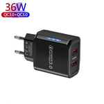 36W Dual Port QC3.0 USB Handy-Ladegerät Dual 18W Ausgang, EU-Stecker, EU-Stecker