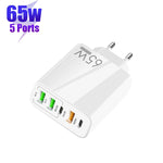 65W Dual PD Type-C + 3 x USB Multi-Port-Ladegerät für Telefon und Tablet-PC, EU-Stecker