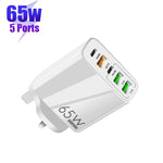 65W Dual-PD-Type-C- + 3-fach-USB-Multiport-Ladegerät für Telefon und Tablet-PC, UK-Stecker, UK-Stecker