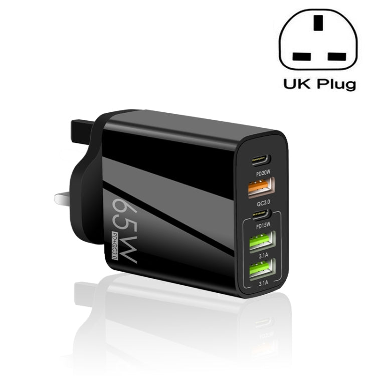 65W Dual-PD-Type-C- + 3-fach-USB-Multiport-Ladegerät für Telefon und Tablet-PC, UK-Stecker, UK-Stecker