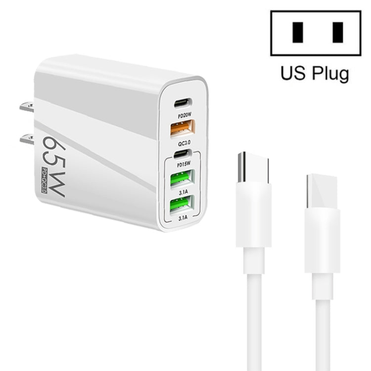 65W Dual PD Typ-C + 3 x USB Multi-Port Ladegerät mit 3A Typ-C zu Typ-C Datenkabel, US-Stecker, US-Stecker + Typ-C zu Typ-C Kabel
