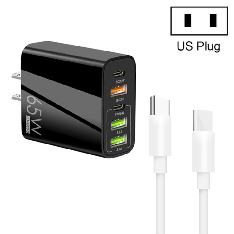 65W Dual PD Typ-C + 3 x USB Multi-Port Ladegerät mit 3A Typ-C zu Typ-C Datenkabel, US-Stecker, US-Stecker + Typ-C zu Typ-C Kabel