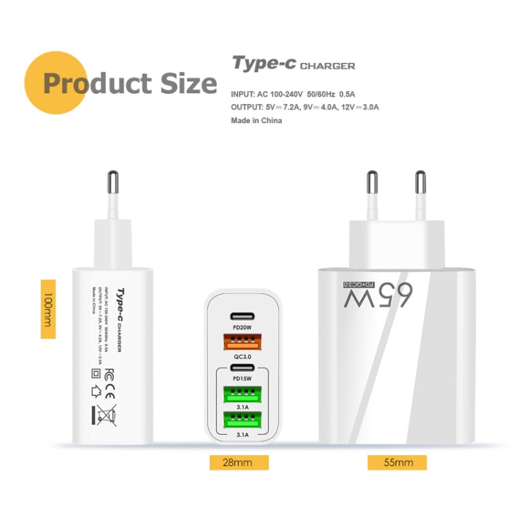 65W Dual PD Typ-C + 3 x USB Multi-Port Ladegerät mit 3A Typ-C zu Typ-C Datenkabel, US-Stecker, US-Stecker + Typ-C zu Typ-C Kabel