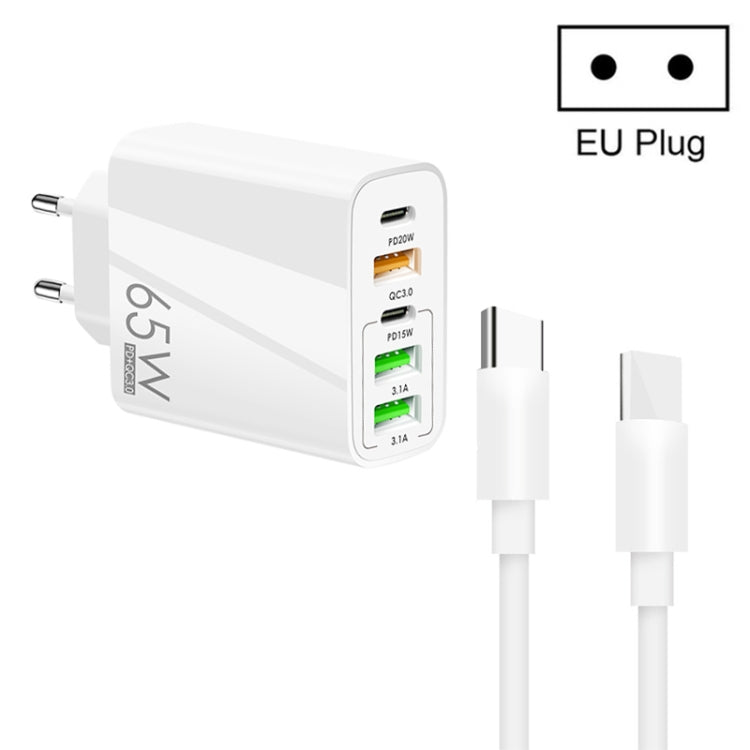 65W Dual PD Typ-C + 3 x USB Multiport-Ladegerät mit 3A Typ-C auf Typ-C Datenkabel, US-Stecker, EU-Stecker + Typ-C auf Typ-C Kabel